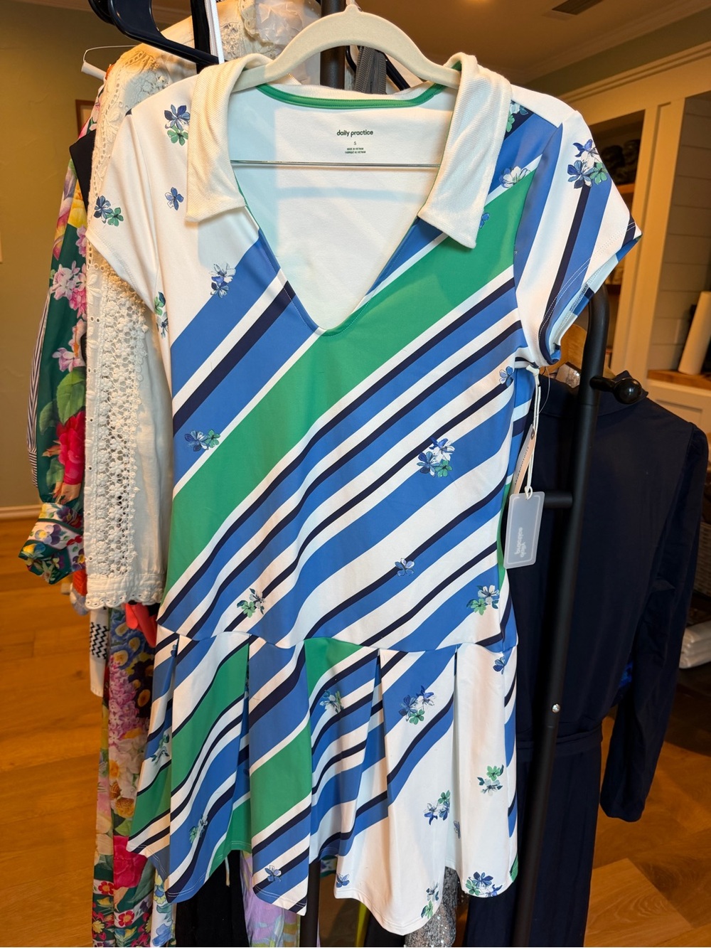 Daily Practice Green & Blue Striped V-Neck Mini Dress